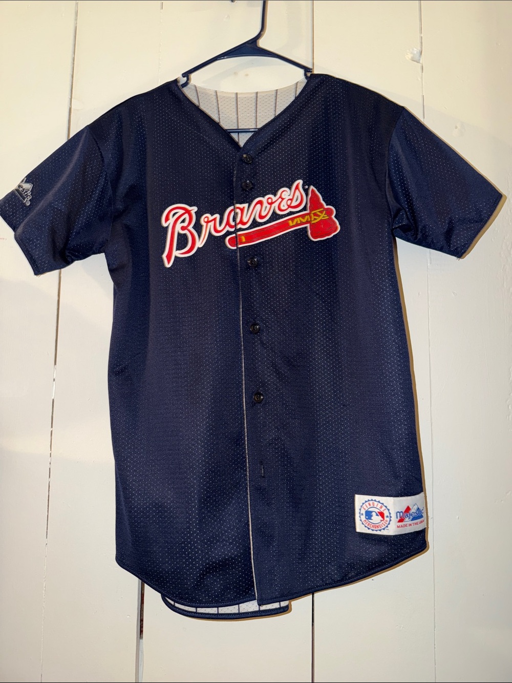 Navy Braves Button-Up Kids Jersey with Red Accent